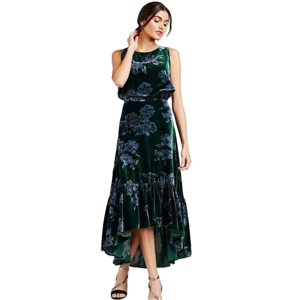 Eva Franco, NWT  Green Velvet Floral Midi Dress,  Size 8